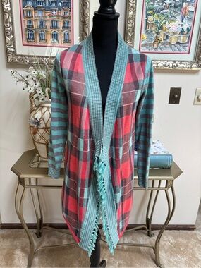 Matilda Jane Red & Teal Plaid Fringe Sweater “ The Steadfast” Cardigan SZ XS
